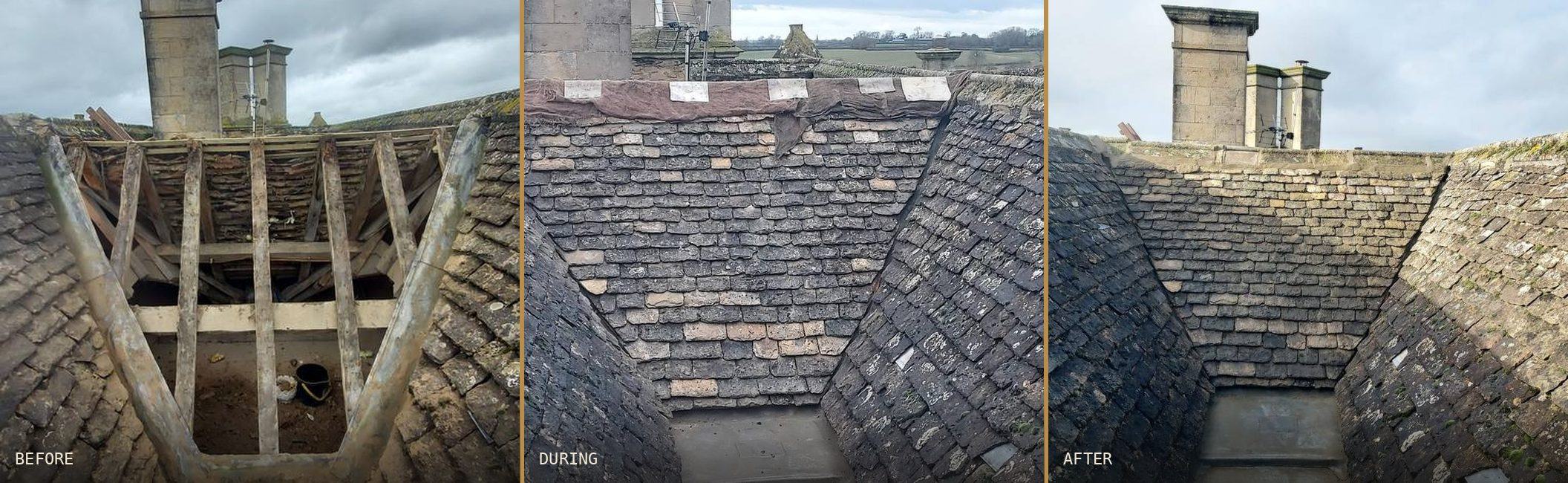 Roof valley repair progression: before, during and after