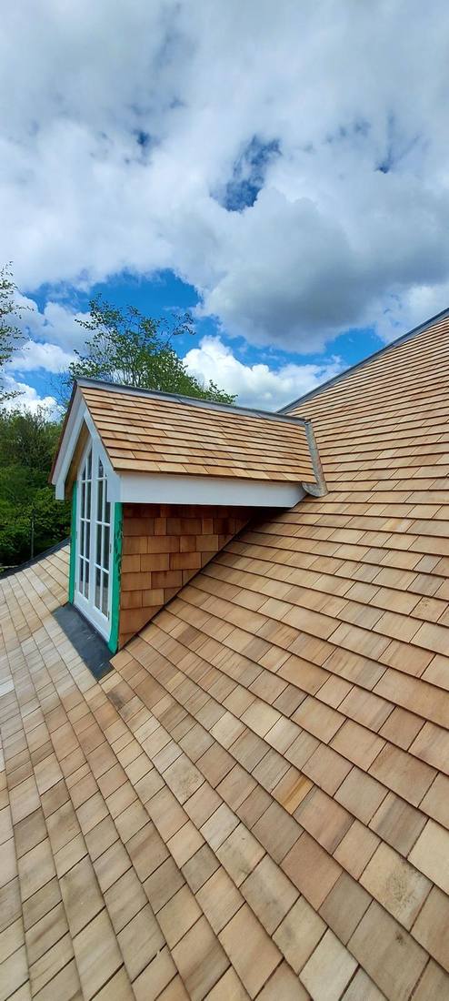 Cedar shingle roof with dormer