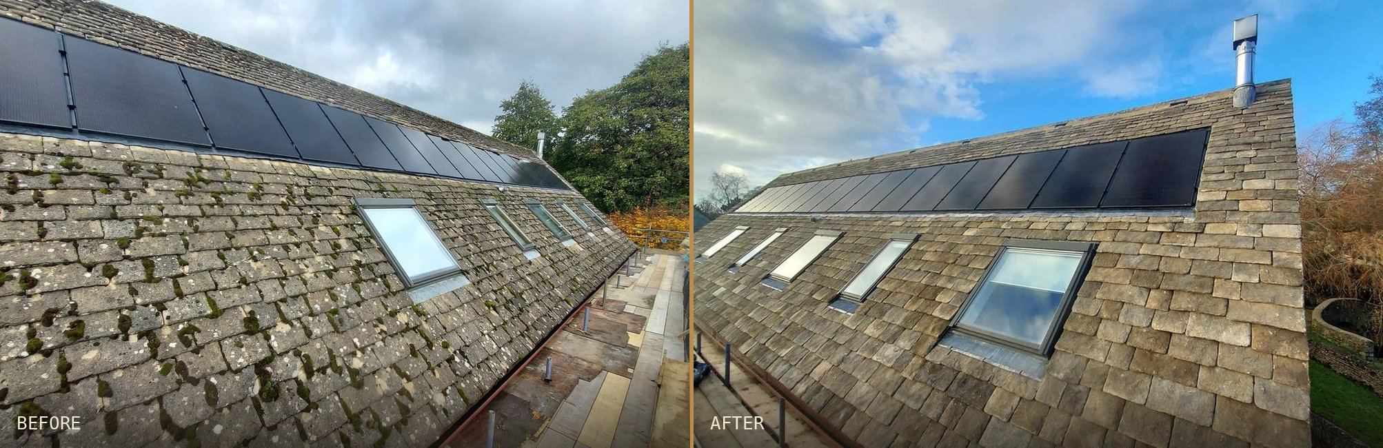 Before and after: Imitation Cotswold stone re-roof with solar panels